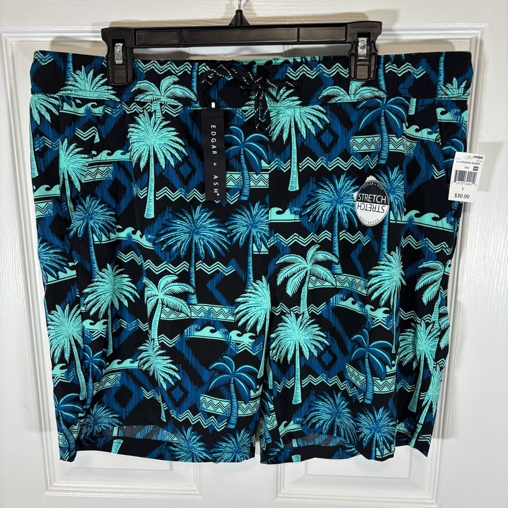 New Edgar + Ash Men’s Swim Trunks Size L Blue Palm Trees Draw String Pockets
